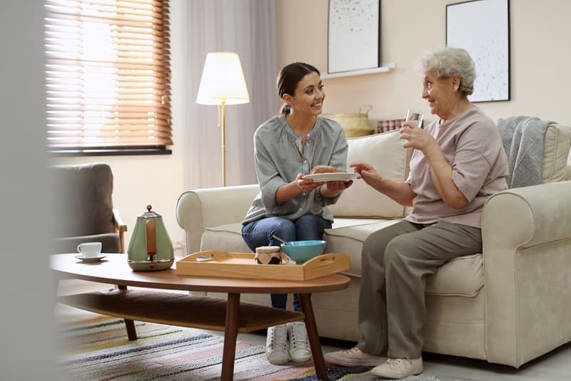 Auxiliaire de vie qui discute avec une grand-mère sur le canapé